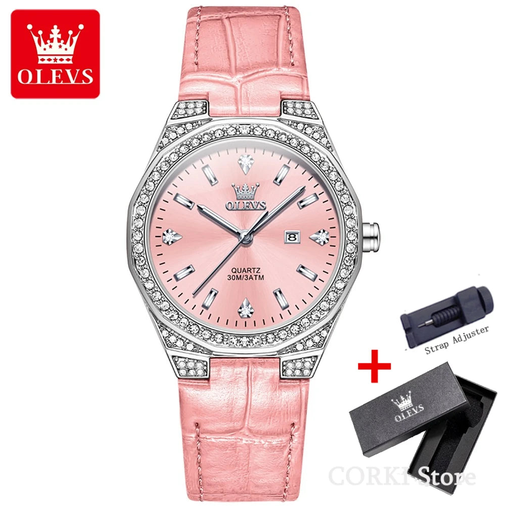 OLEVS 5606 Women's Luxury Diamond Quartz Watch – Leather Strap