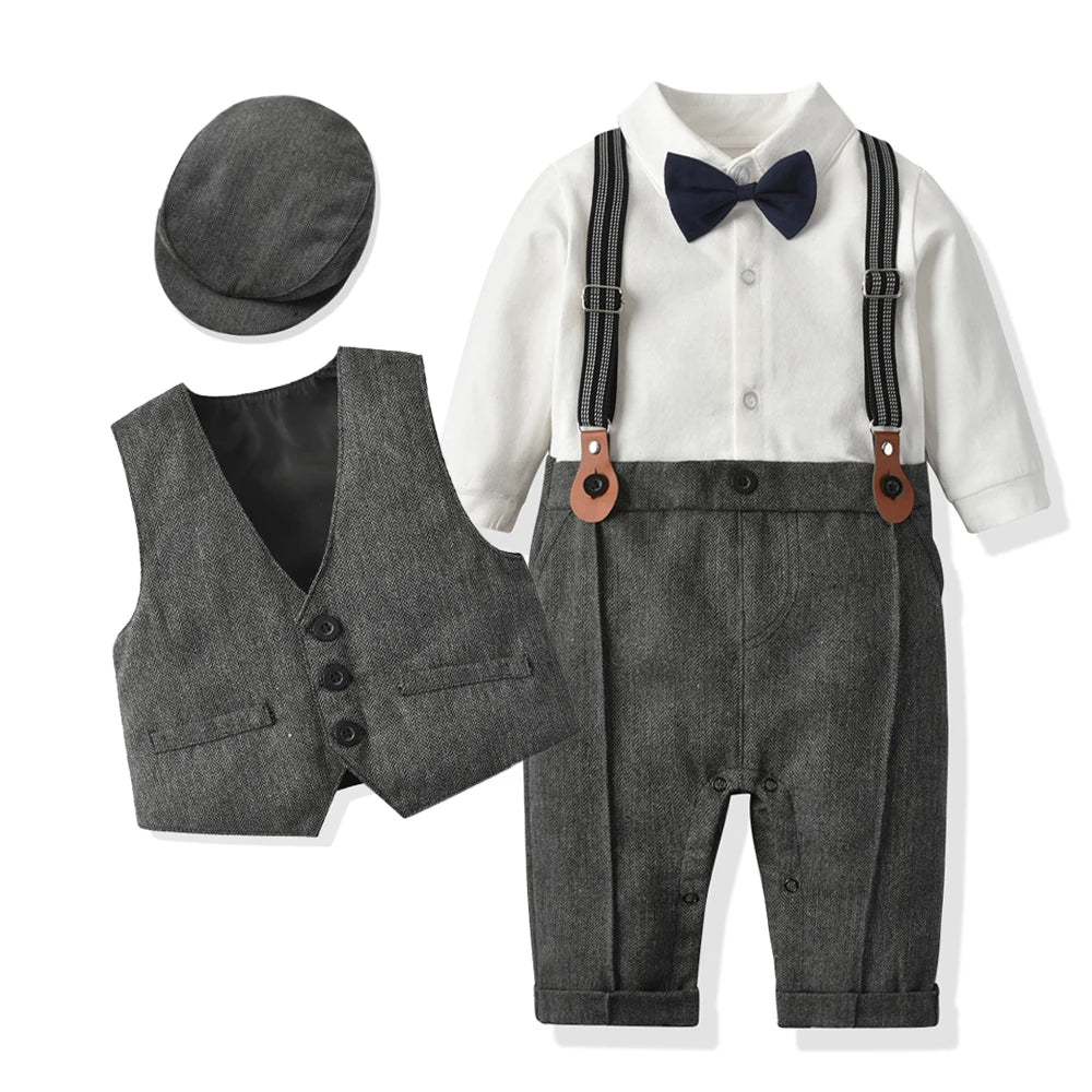 Newborn Baby Boy Formal Gentleman Romper Set – Vest, Hat, Bow & Strap Outfit