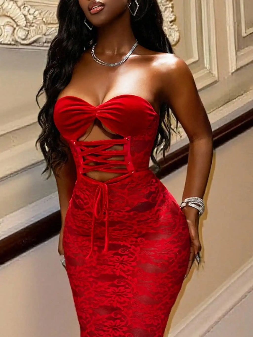 Women's Floral Lace Corset Fishtail Maxi Dress – Elegant Mermaid Evening Gown