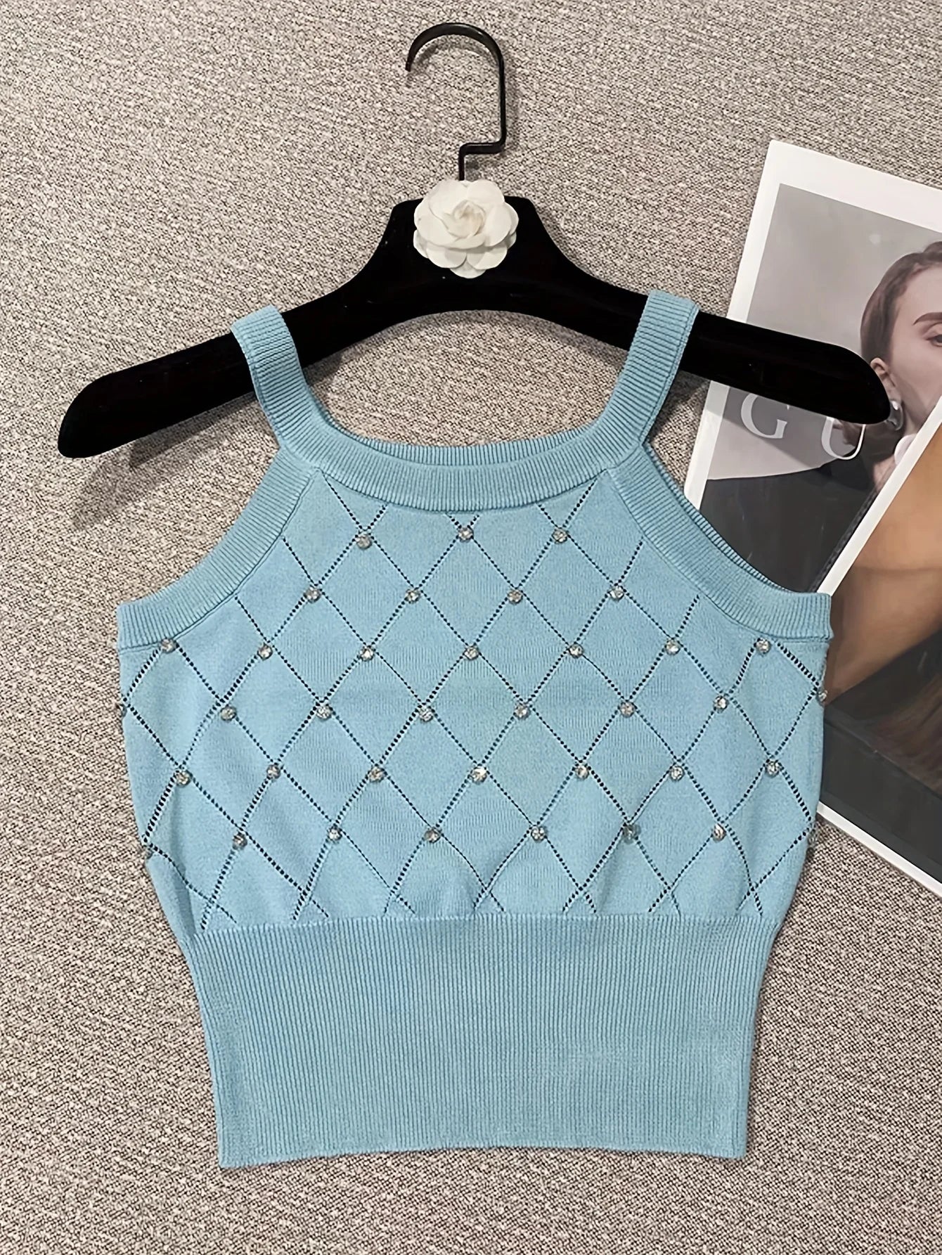Women's Rhinestone Knit Crop Cami Top — Sleeveless Spaghetti Strap