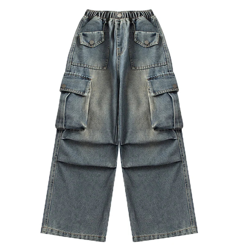 Kids Vintage Distressed Jeans with Pocket For Girls Y2K Fashion High Street Denim Pants Teens Child Baggy Cargo Jeans Trousers