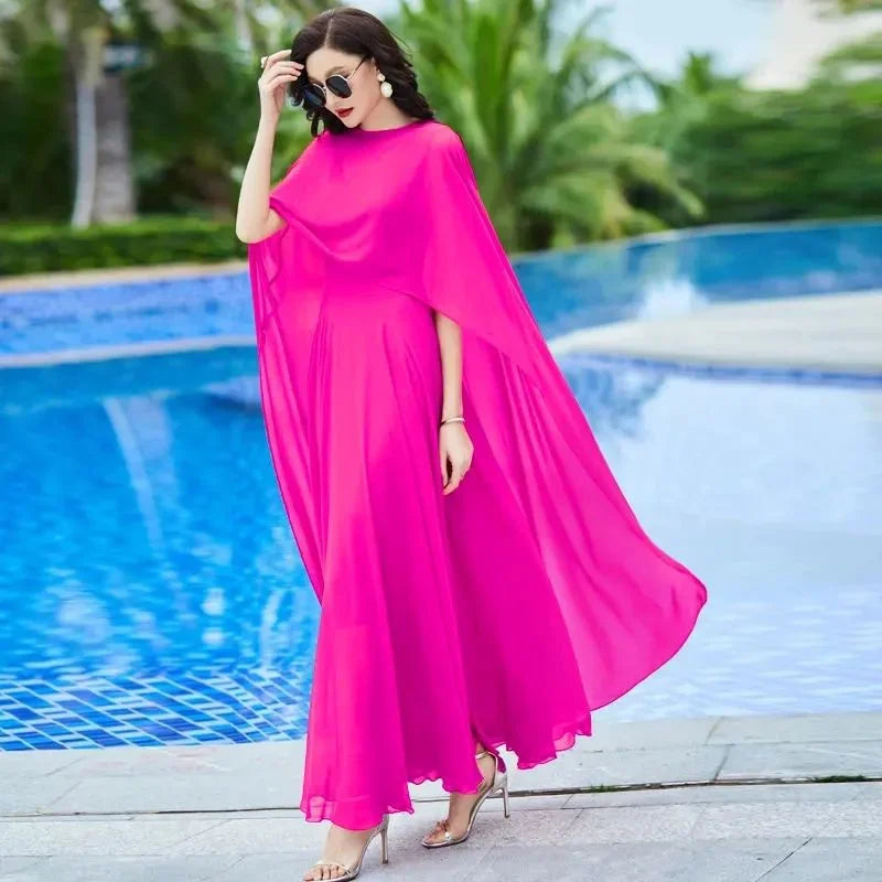 Women's Bohemian Chiffon Maxi Dress & Shawl Set – Spaghetti Strap A-Line