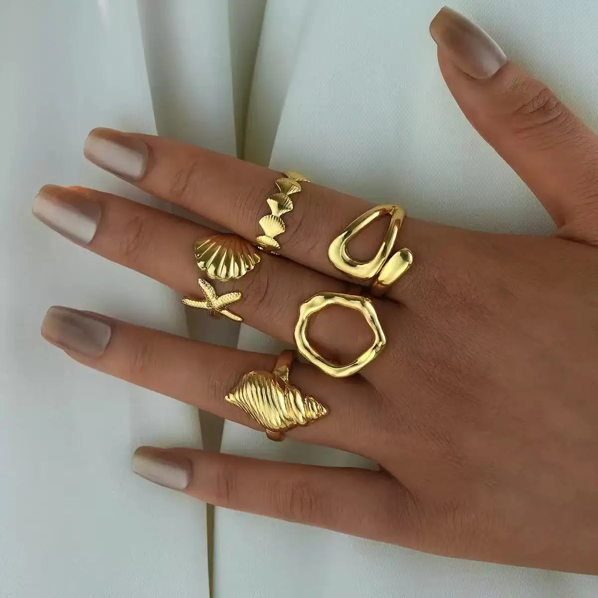 Shell & Geometric Ring Set