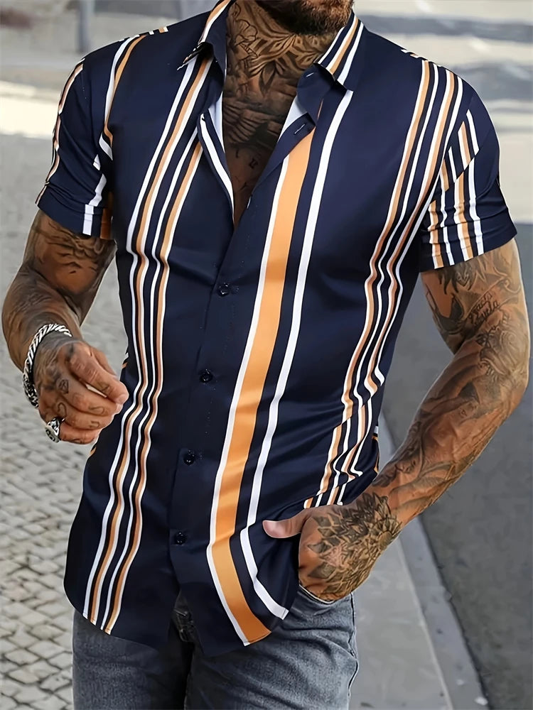 Summer Stripe Color Block 3D Printed Casual Office Shirt Mens Womens Casual Fashion Vintage Short Sleeve Shirt Mens Tops Shirt