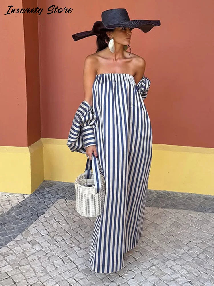 Women's Striped Strapless Maxi Dress with Detachable Capelet Shawl