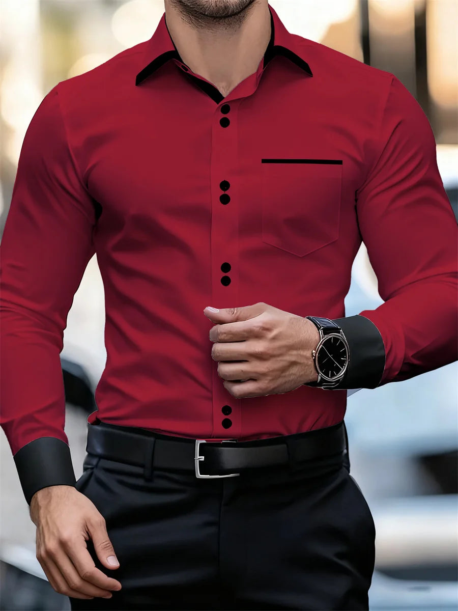 Men's Business Color Block Collar Long Sleeve Shirt, Slim Fit, Wrinkle-Free, Black and White Patchwork Shirt, Men's Fashion Top