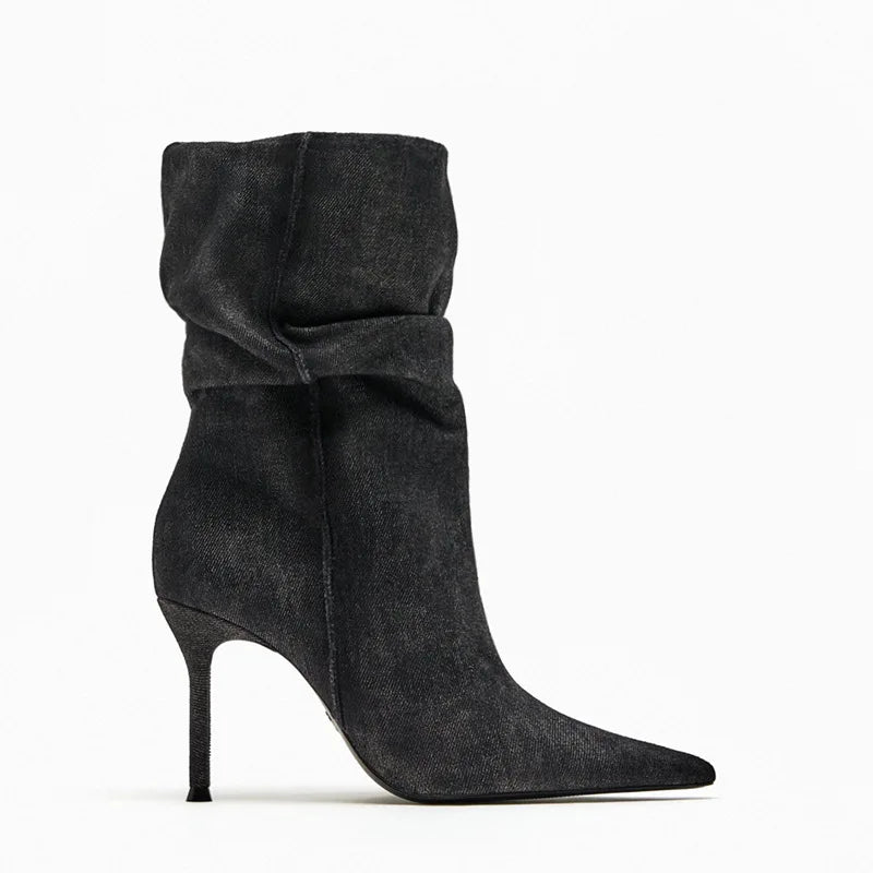 Women's Denim Knee-High Boots — Pointed Toe Stiletto