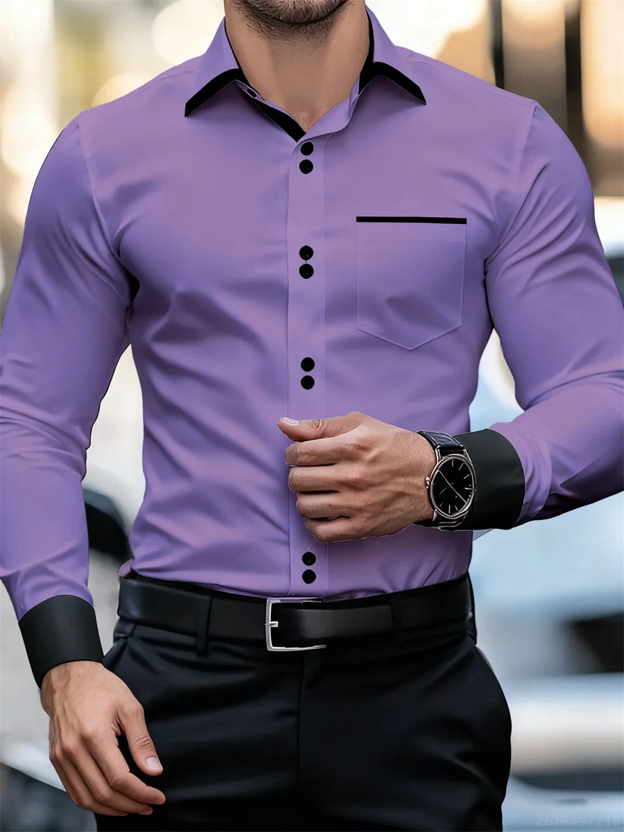 Men's Business Color Block Collar Long Sleeve Shirt, Slim Fit, Wrinkle-Free, Black and White Patchwork Shirt, Men's Fashion Top
