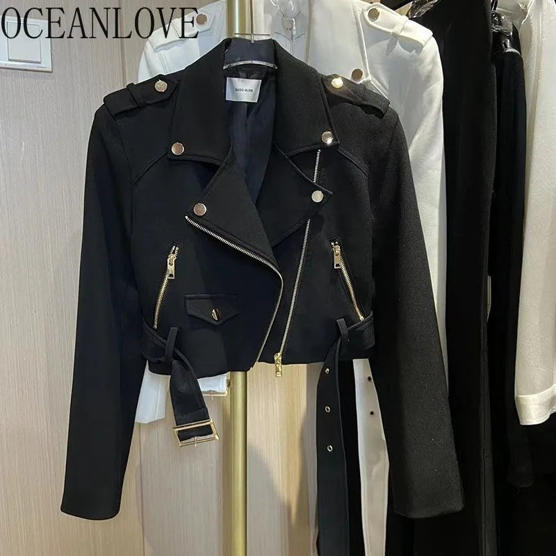 OCEANLOVE Zipper Jackets Women Solid Spring Autumn Korean Fashion Short Outwears Vintage Streetwear Simple Chaqueta Mujer