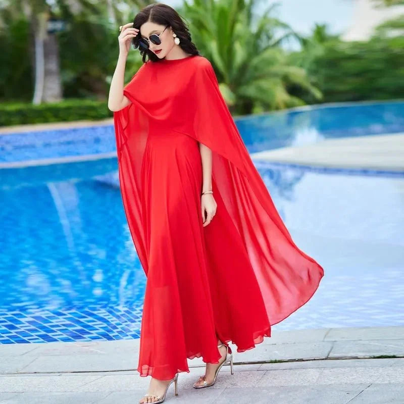 Women's Bohemian Chiffon Maxi Dress & Shawl Set – Spaghetti Strap A-Line