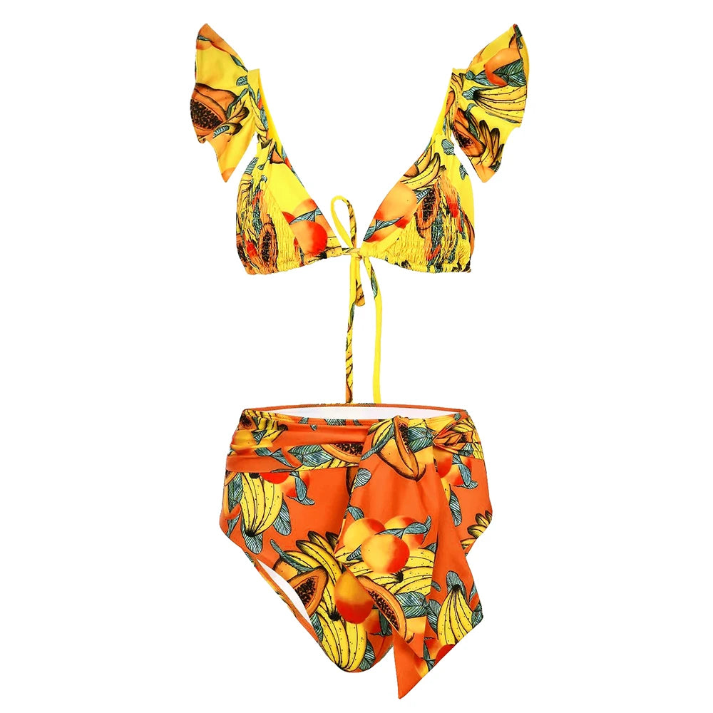 2025 New Sexy High Waist Bikini Sets Ruffle Swimwear Women Swimsuit Print Floral Dots V-neck Beach Wear Bathing Suits Biquini