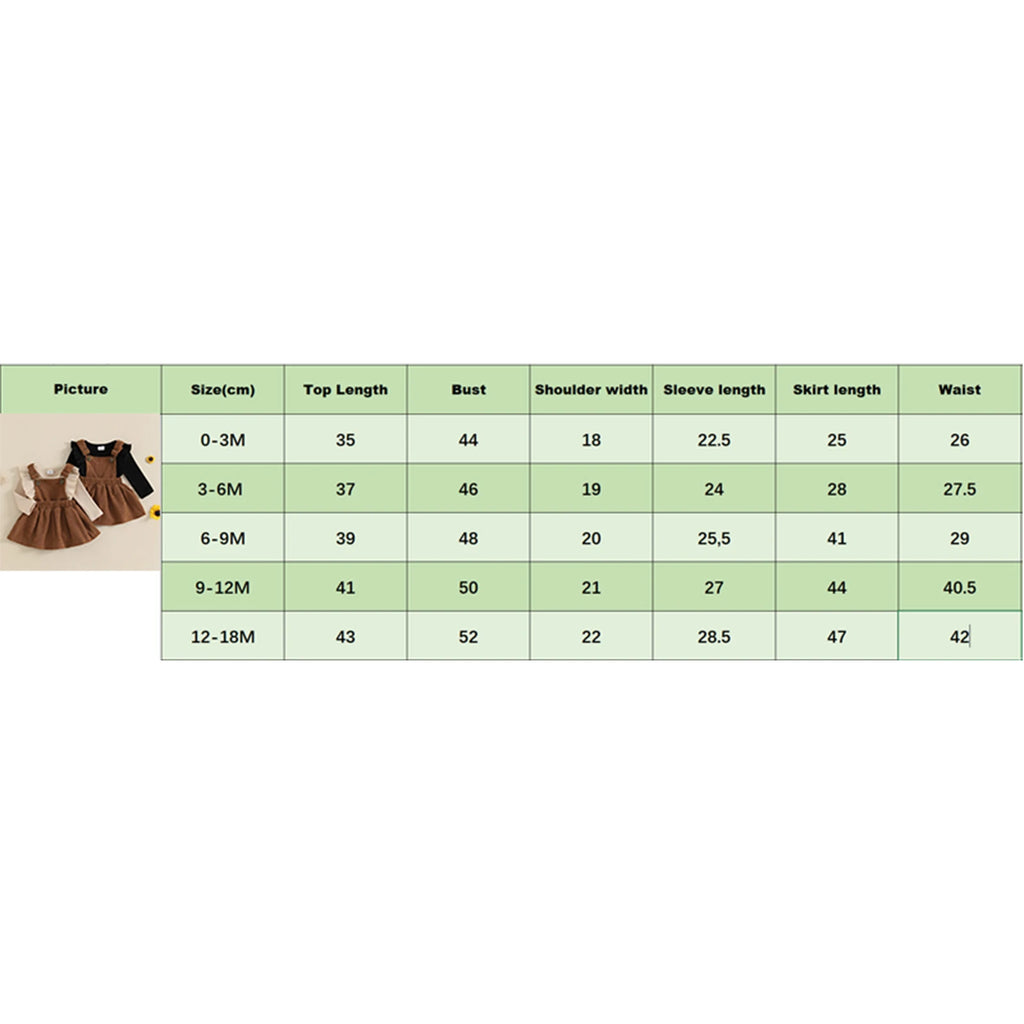 Infant Baby Girl Fall Outfits Ruffles Long Sleeve Crew Neck Ruffled Romper with Corduroy Suspender Skirt 2 Pcs Girls Sets