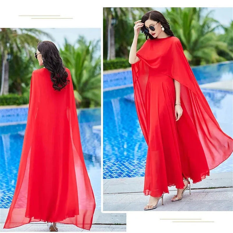 Women's Bohemian Chiffon Maxi Dress & Shawl Set – Spaghetti Strap A-Line