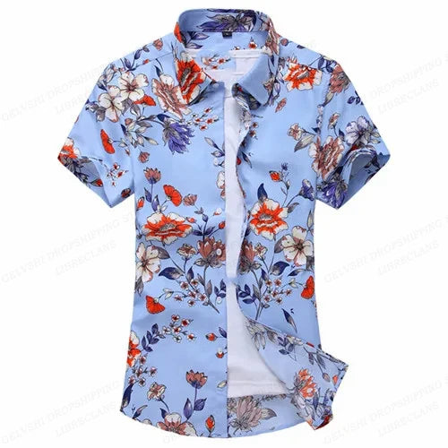 Summer Floral Hawaiian Shirts Men Fashion Short Sleeve Shirt Flower Blouse Turn Over Collar Casual Lapel Camisas Men's Clothing