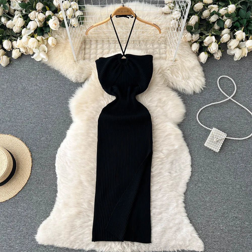 Women's Knit Bodycon Midi Dress — Sexy Slash Neck Split Streetwear