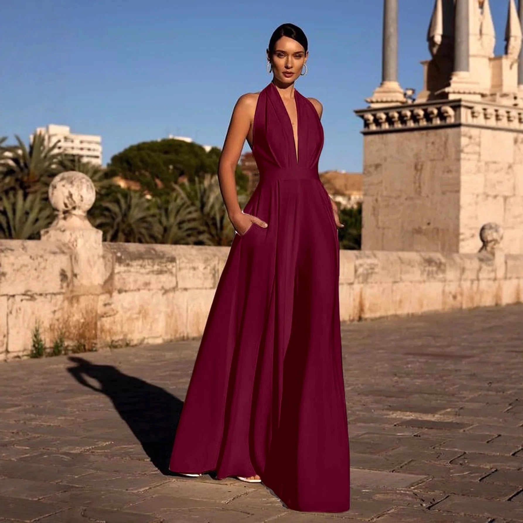 Temperament Elegant Halter Neck Jumpsuits Women Sexy Deep V-neck Backless High Waist Wide Leg Jumpsuit Solid Color Female New