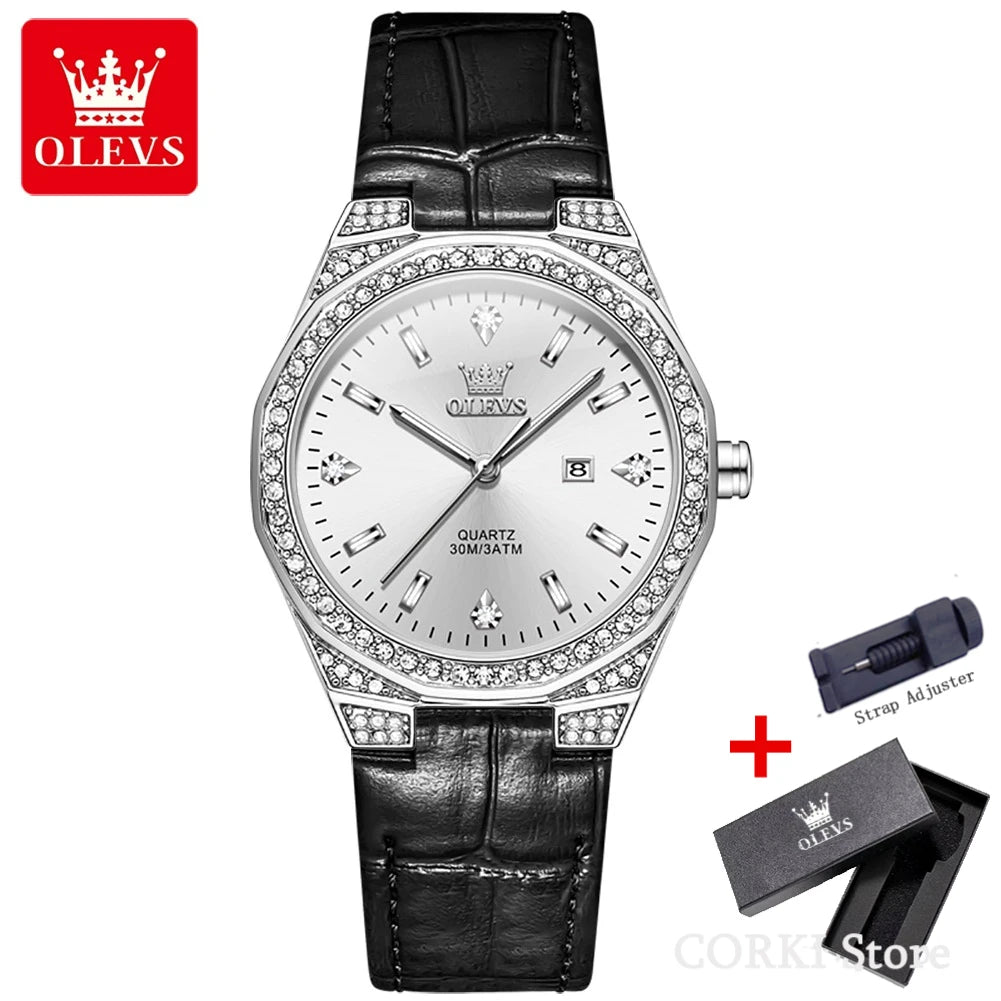 OLEVS 5606 Women's Luxury Diamond Quartz Watch – Leather Strap