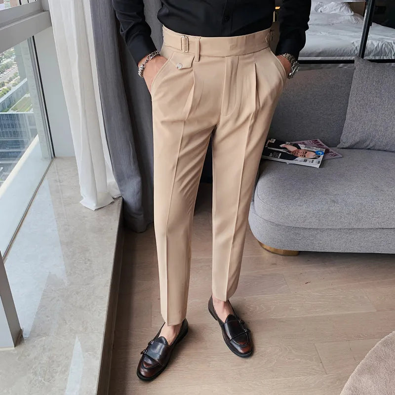 British Style New Solid High Waist Suit Pant Men Business Formal Wear Trousers 2024 High Quality Slim Casual Office Suit Pants