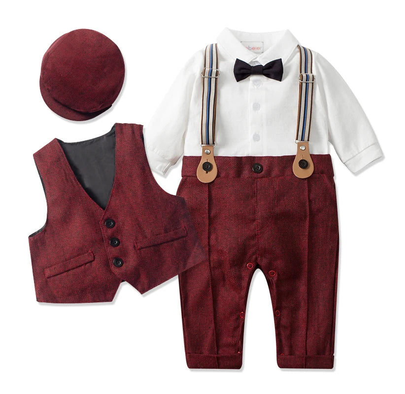 Newborn Baby Boy Formal Gentleman Romper Set – Vest, Hat, Bow & Strap Outfit