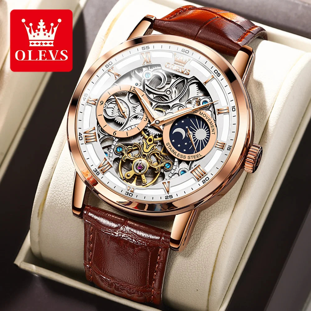 OLEVS 6670 Men's Automatic Mechanical Watch | Skeleton Leather Strap