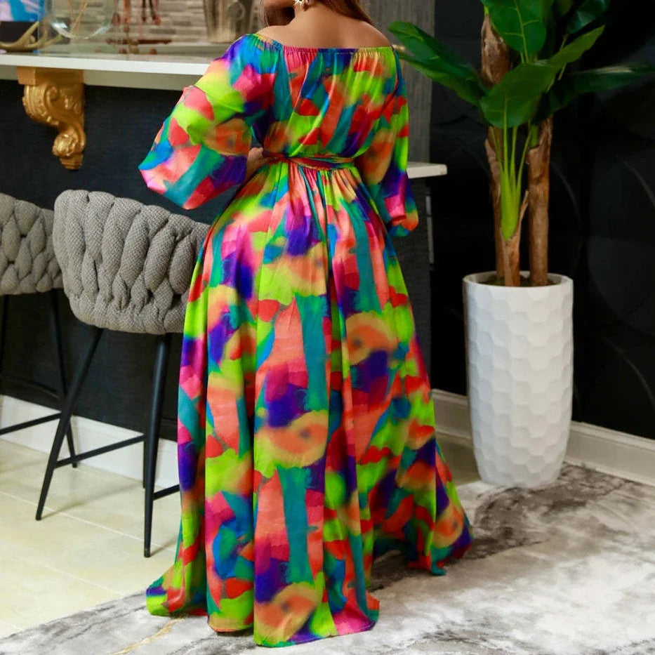 Women's Printed Maxi Dress – Off-Shoulder Puff Sleeve A-Line