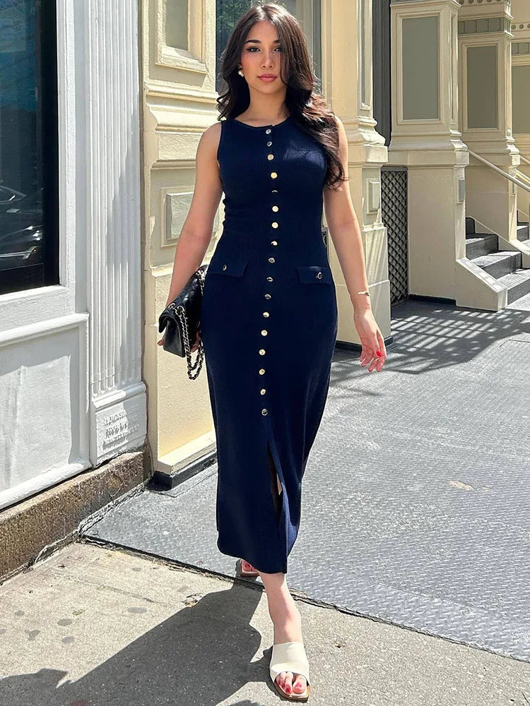 Women's Sleeveless Knit Ribbed Maxi Dress — Slim Fit, Ankle-Length