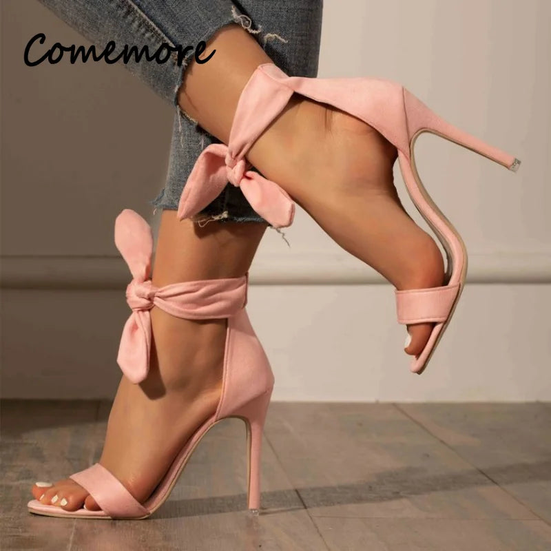 Comemore Summer Ladies Sexy Thin Heel Sandals Women's Fashion Bow High Heels Solid Color Sexy Sandals Yellow Pumps Women Shoes