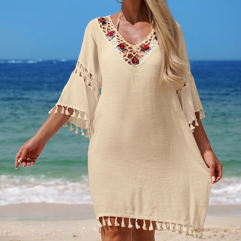 Hand Hook Patchwork Transparent Bikini Cover-Up, Floral Decoration Fashion Casual Dress, Loose-Fitting Style, Women's Swimwear