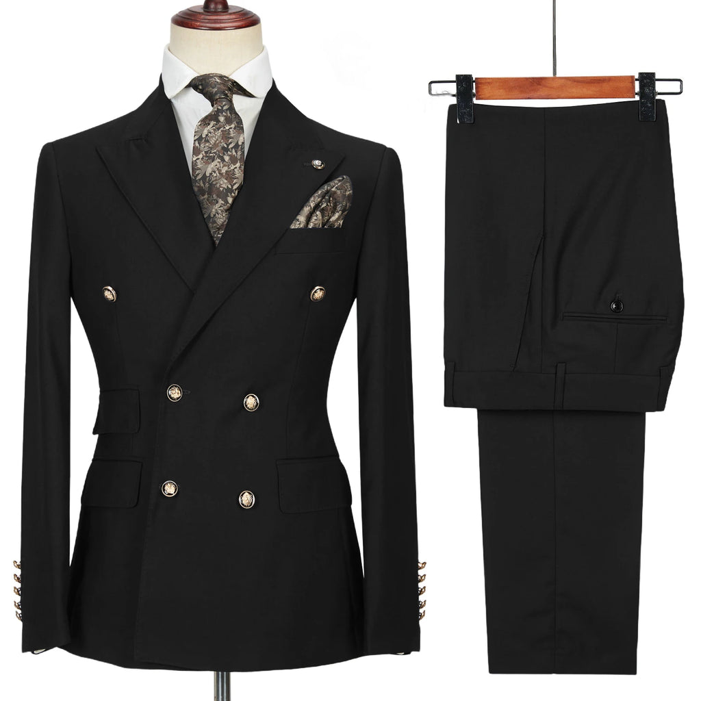 Men's Double-Breasted 2 Piece Suit Set Solid Color Business Casual Wedding Groom Dinner Party Work Jacket