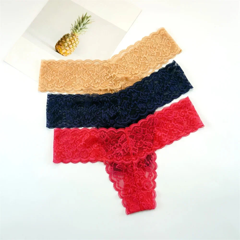 Women's Lace Thong Panties – 3-Pack Low-Rise Transparent Sexy Lingerie Set