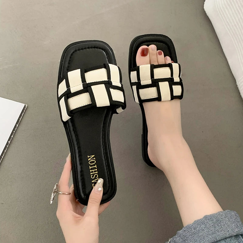 Women's Braided Roman Flat Slippers | Open-Toe Beach Sandals | Beige & Black | EU 35–40
