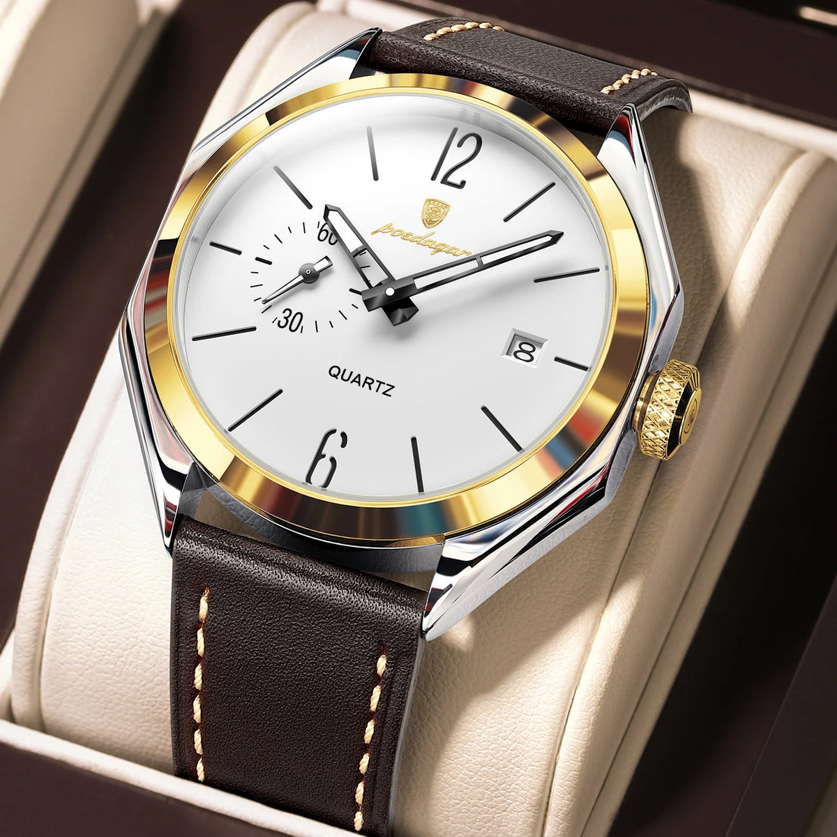POEDAGAR Men's Leather Quartz Watch