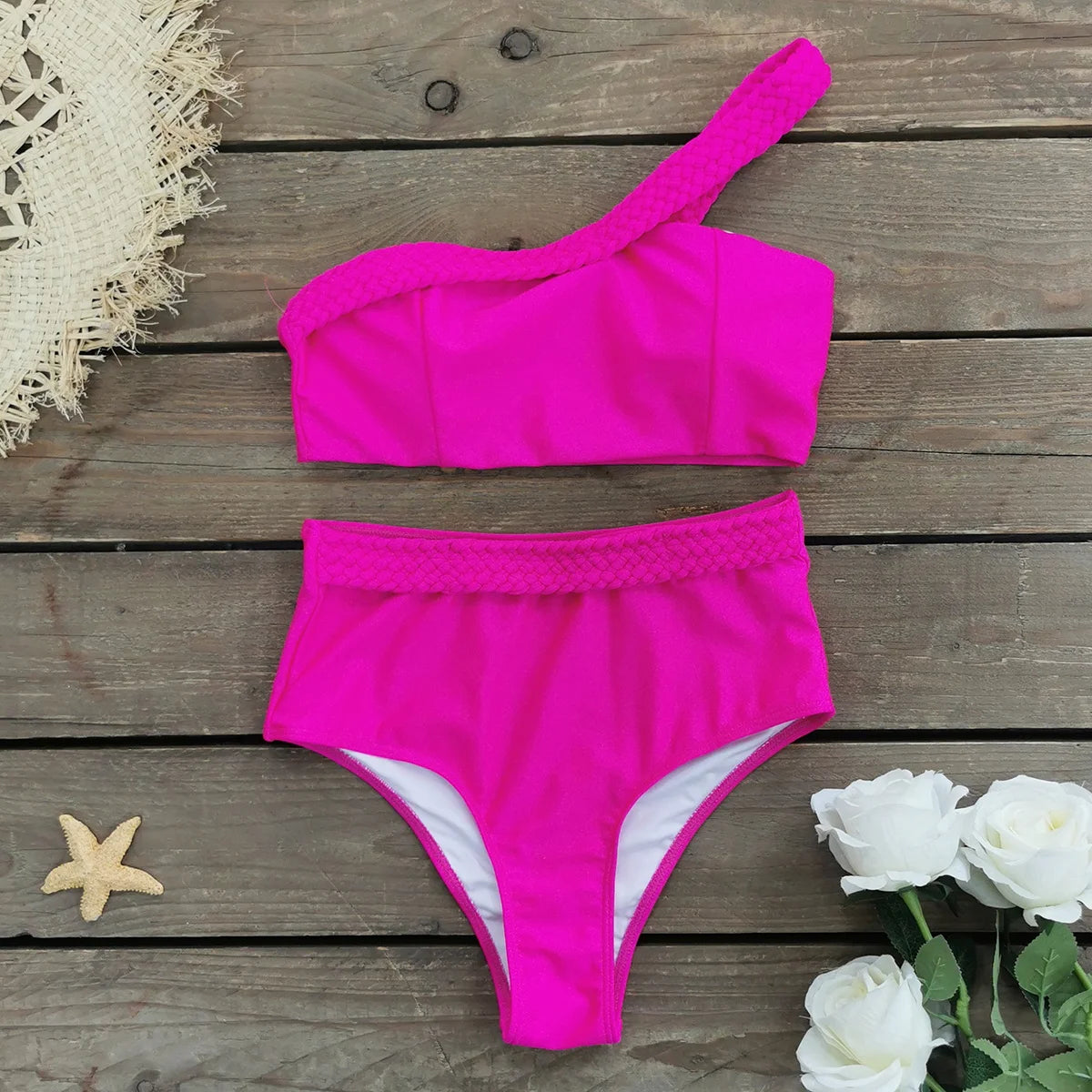 2025 New Push Up Single Shoulder Stripe Women Bikini Set High Cut Printed Bottom Padded Swimwear Summer Beachwear Bathing Suit