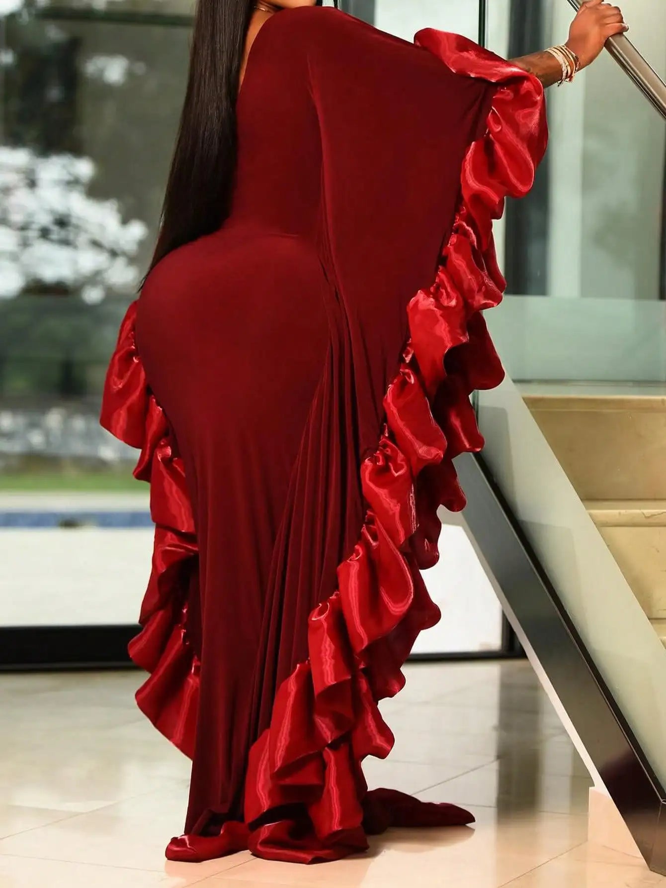 Burgundy Solid Asymmetrical Ruffle Sleeve Evening Gown with Pleated Detail