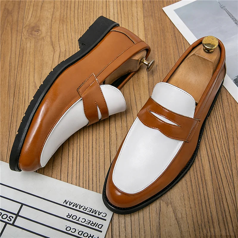 Fashion New Pointed Two-tone Mixed Patchwork Slip on For Men Wedding Homecoming Dress Shoes Flats Casual Loafer  Zapatos Hombre