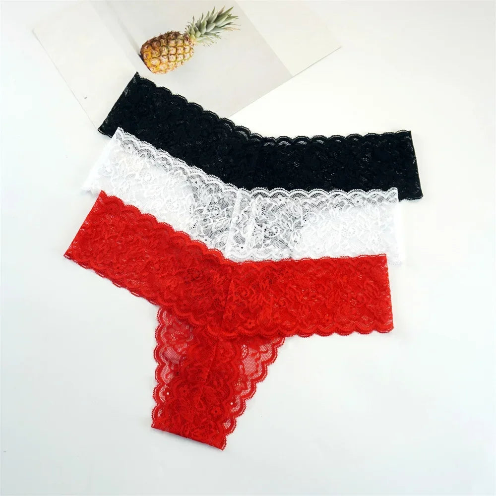 Women's Lace Thong Panties – 3-Pack Low-Rise Transparent Sexy Lingerie Set