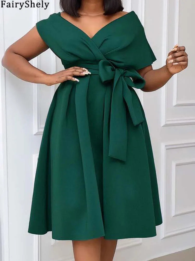 Women's Big Bow Puff Sleeve A-Line Midi Dress – V-Neck Summer Party Dress