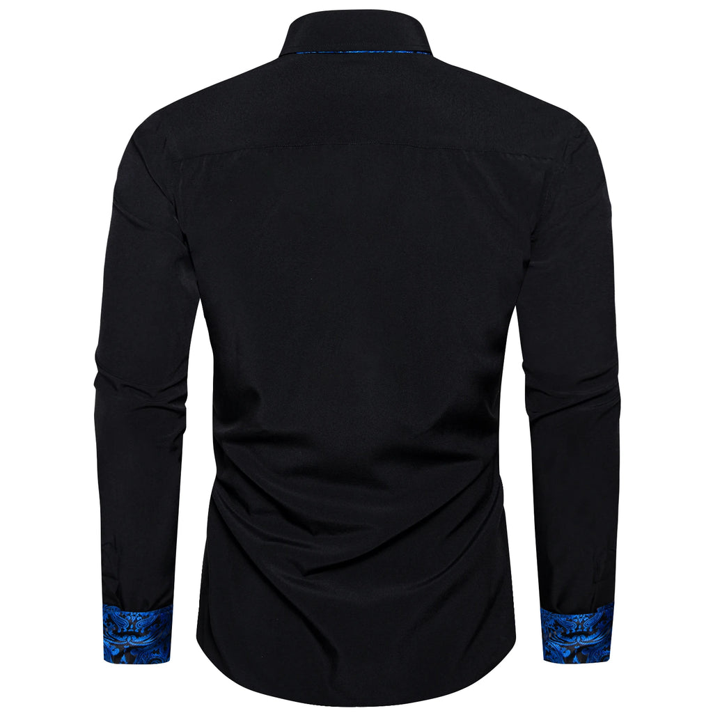 Men's Polyester Cotton Solid Black Shirts Long Sleeve Blue Paisley Patchwork Social Casual Dress Shirt Elegant Men Clothing