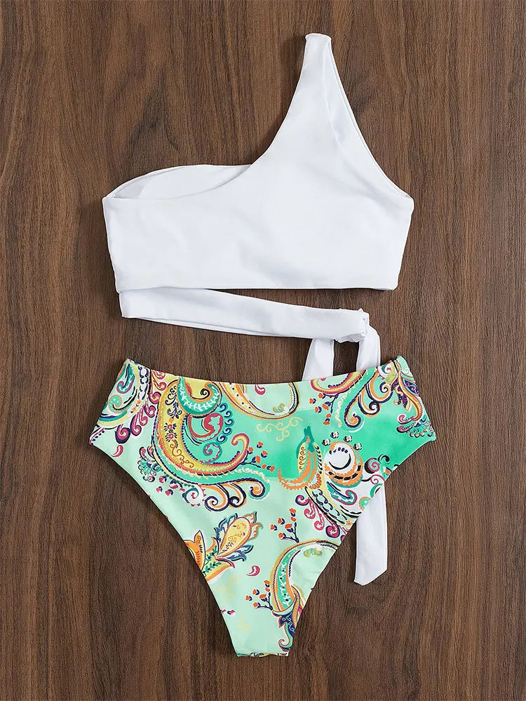 2025 New Push Up Single Shoulder Stripe Women Bikini Set High Cut Printed Bottom Padded Swimwear Summer Beachwear Bathing Suit