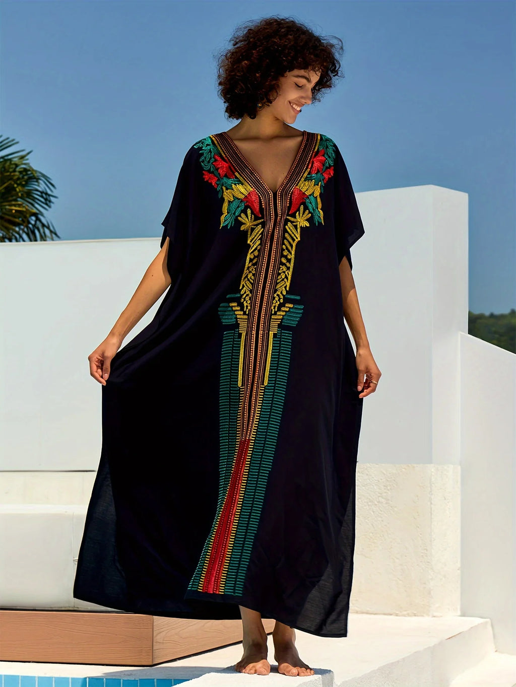Embroidered Women Loose Black Kaftan Summer Beach Dress Bohemian Holiday Swimsuit Coverup Cozy Robe Outfit dropshipping