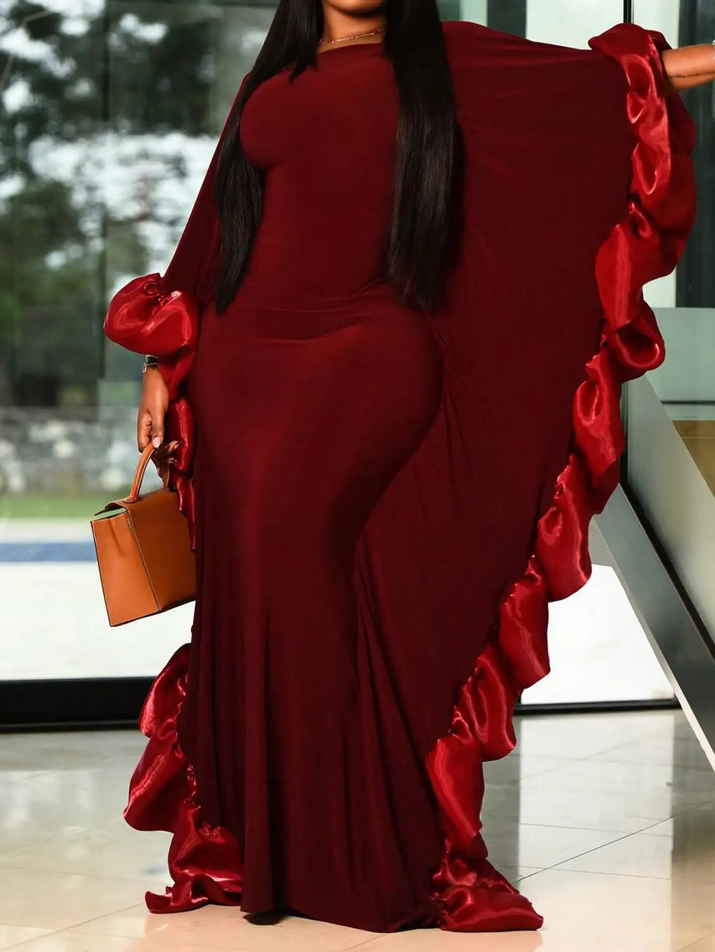Burgundy Solid Asymmetrical Ruffle Sleeve Evening Gown with Pleated Detail