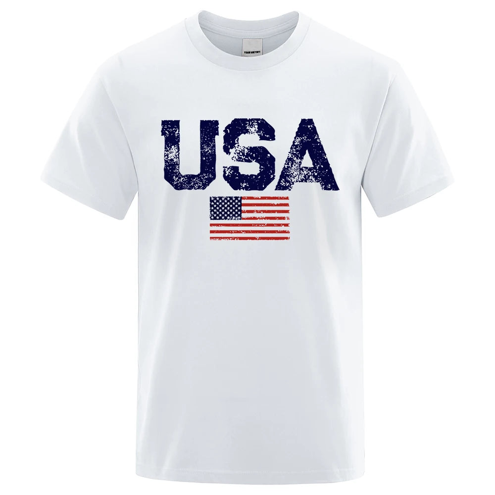 Men's Vintage USA Flag Street Print T-Shirt — Casual Cotton Tee