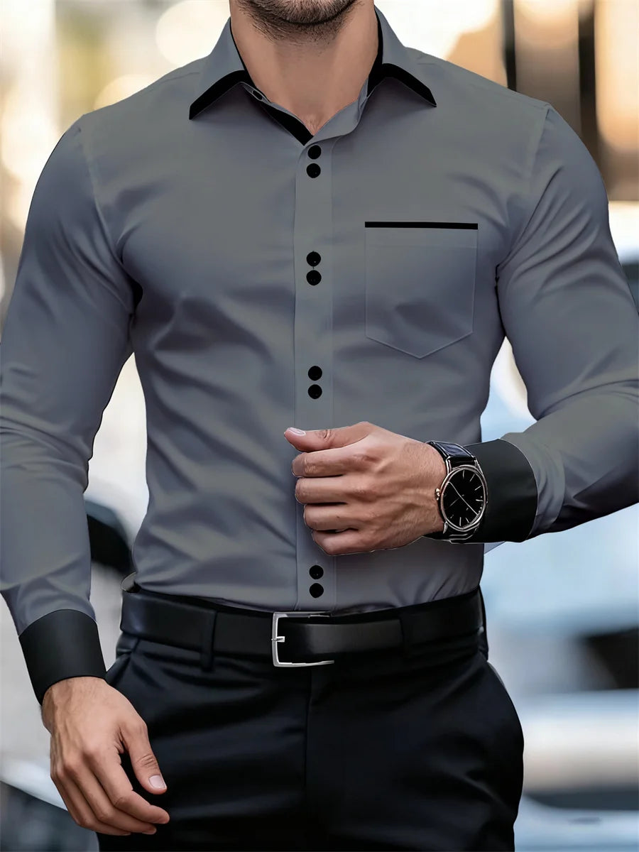 Men's Business Color Block Collar Long Sleeve Shirt, Slim Fit, Wrinkle-Free, Black and White Patchwork Shirt, Men's Fashion Top