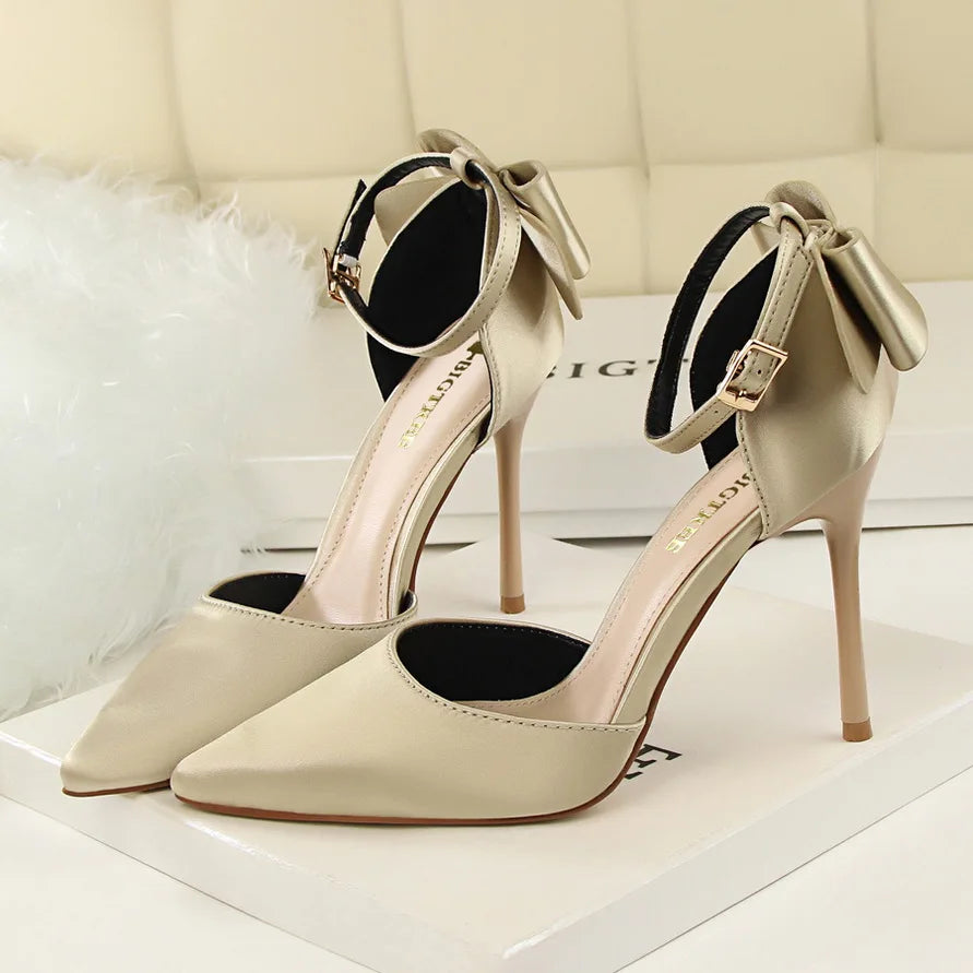 Women's High Heel Bow Sandals – Satin Ankle Strap Stiletto Heels 8cm & 10cm