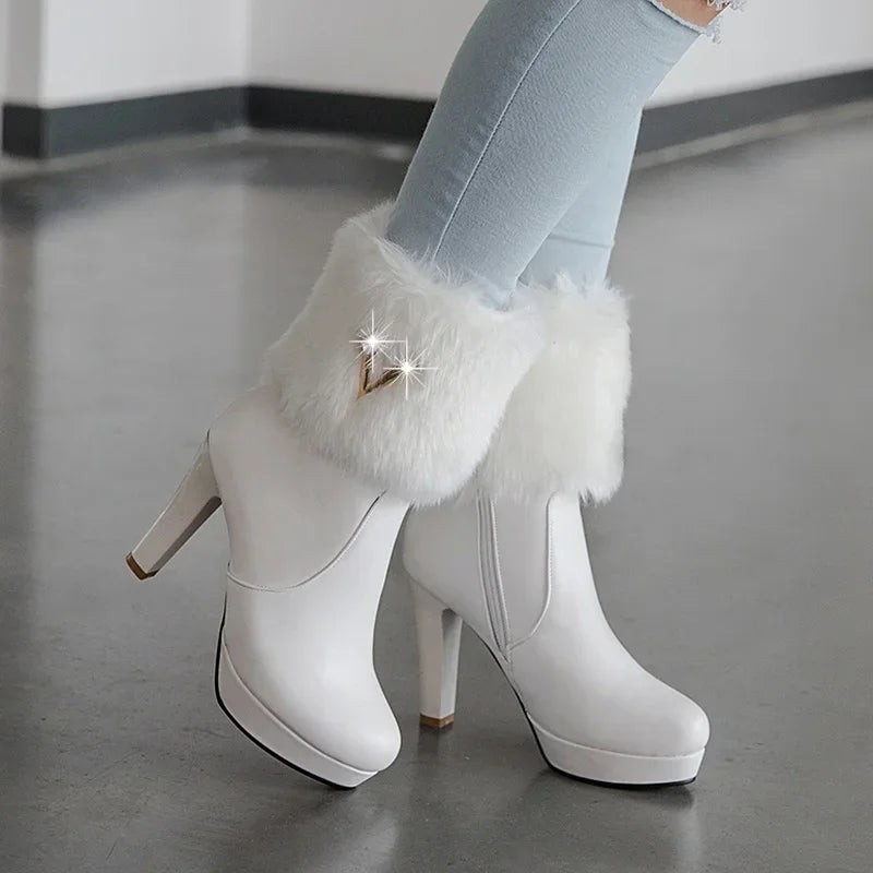 2025 Winter Faux Fur Design High Heel Boots Sweet Bowtie Spike Heels Pink White Black Warm Woman Shoes Ankle Snow Boots Female