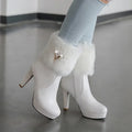 2025 Winter Faux Fur Design High Heel Boots Sweet Bowtie Spike Heels Pink White Black Warm Woman Shoes Ankle Snow Boots Female
