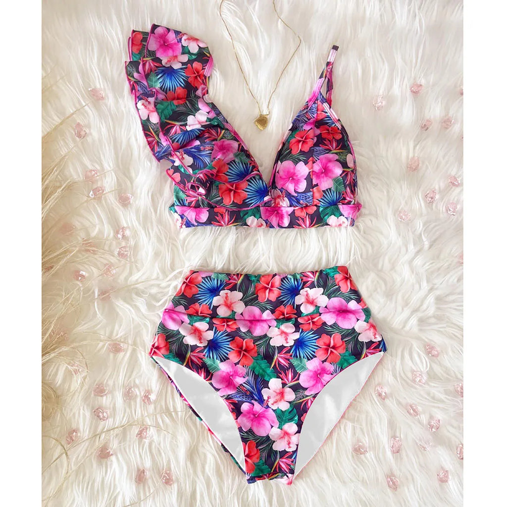 2025 New Sexy High Waist Bikini Sets Ruffle Swimwear Women Swimsuit Print Floral Dots V-neck Beach Wear Bathing Suits Biquini