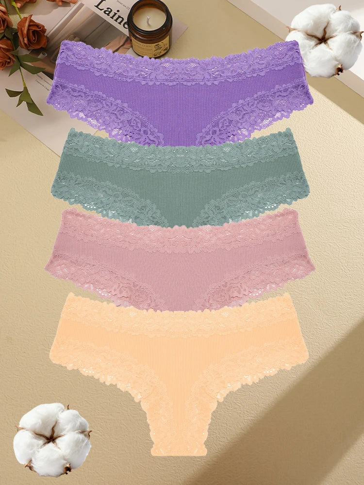 4PCS Seamless Cotton Fabric Panties For Women Sexy Lace Solid Color Brazilian Pants Female Soft Comfortable Bikini Underpants