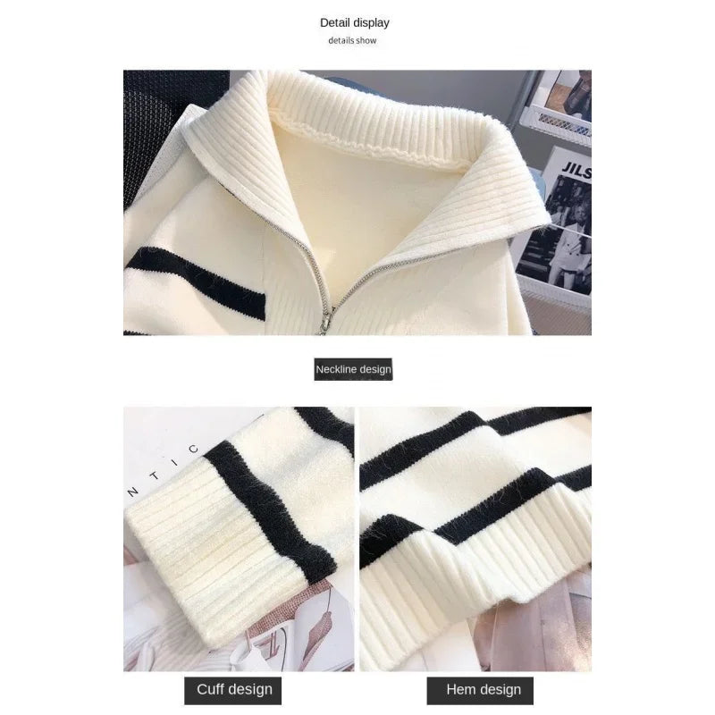 Women's Striped Zip Knit Pullover – Loose Fit Casual Sweater