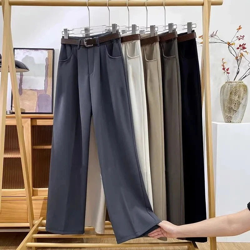 Women's High Waist Belt Wide-Leg Trousers – Solid Color Baggy Office Pants